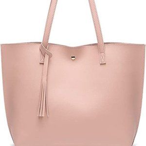 Blush Pink Faux Leather Soft Tote Bag with Tassel
